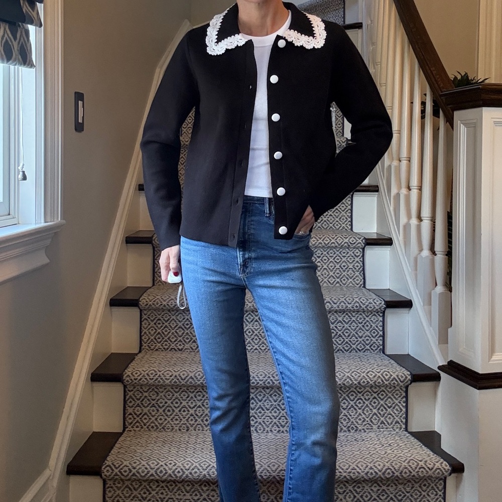 CeCe Black Cardigan with white crochet Lace Collar - Picture 2 of 4